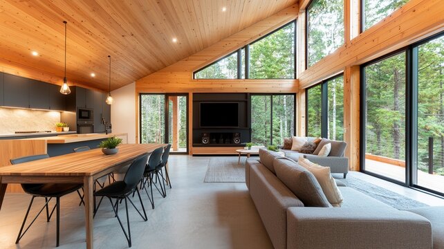 Modern living room interior with large windows high wooden ceiling white sofa connecting nature view dwelling