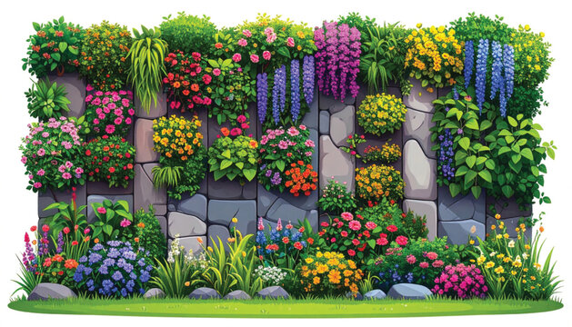 Colorful flowers on a stone wall.