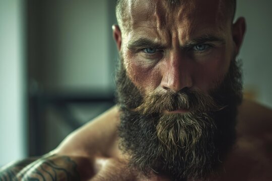 Portrait of a serious looking muscular man with beard and tattoos