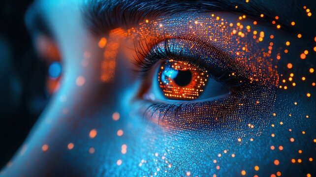 Close up of a human eye with digital data particles radiating symbolizing ai and futuristic concepts innovation