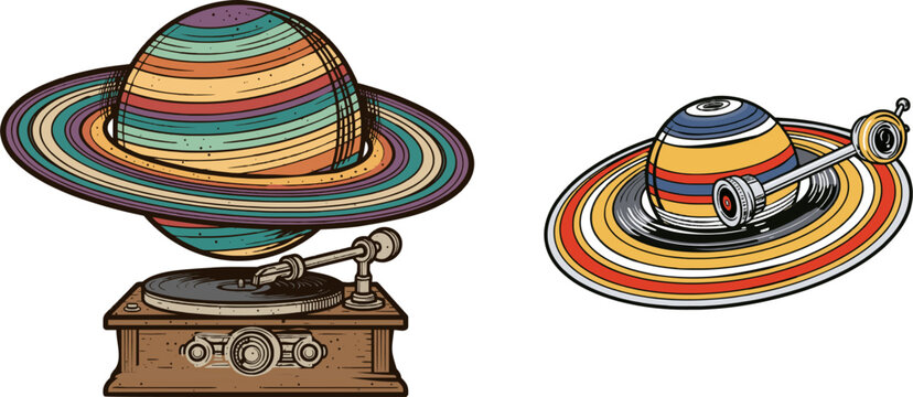 A vintage record player needle gently plays the colorful outer rings of Saturn, creating a surreal flat 2D vector doodle illustration with clean minimalist lines, perfect for apparel design