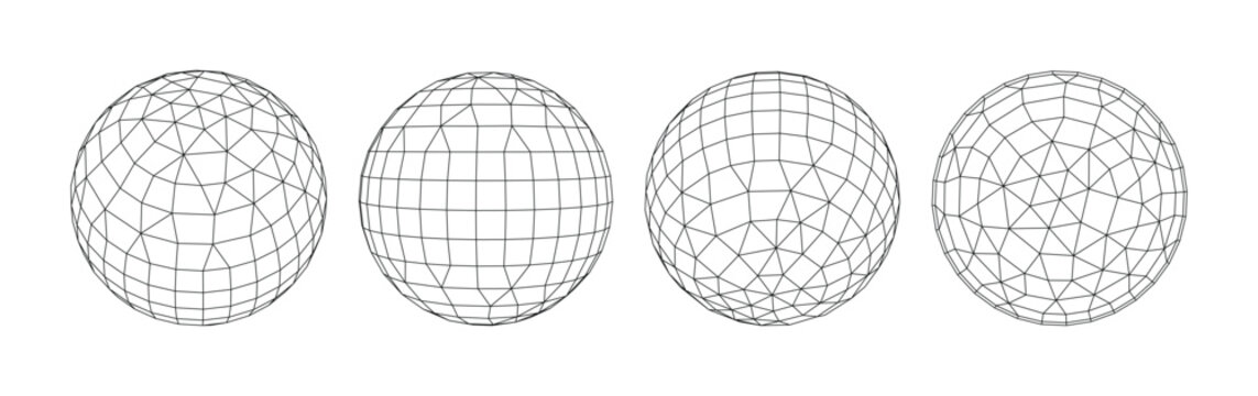 Set of 3d wireframe spheres with different polygon mesh structures