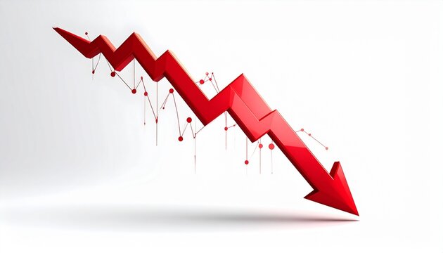 A red downward trending arrow graph declines sharply downward on a white background.
