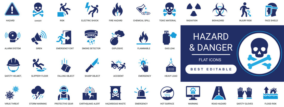 Hazard and danger solid icon set featuring warning alert sign, industrial risk safety caution, toxic high voltage, and security editable vector icons.