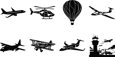 Aircraft Silhouette Vector Collection Featuring Airplane, Helicopter, Hot Air Balloon, Glider, Cargo Plane, Biplane, Private Jet, and Control Tower © Gauranga