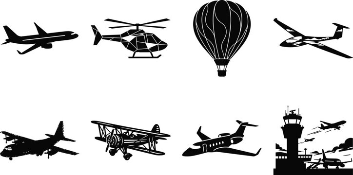 Aircraft Silhouette Vector Collection Featuring Airplane, Helicopter, Hot Air Balloon, Glider, Cargo Plane, Biplane, Private Jet, and Control Tower