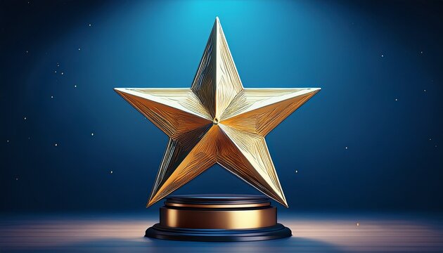 gold star award on the stand against blue background