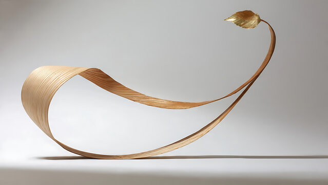 Minimalist wooden sculpture with a single golden leaf