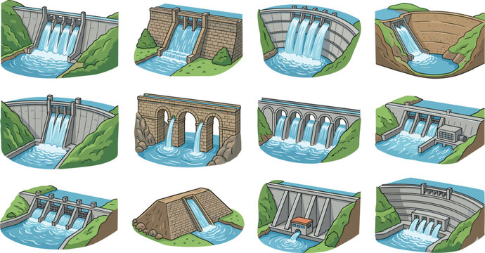 Hydroelectric Dam Vector Icon Set with Water Spillway Reservoir and Hydropower Energy Illustration Collection