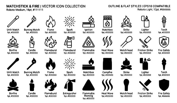 Match fire icon collection vector outline and flat style editable stroke EPS10 isolated on white background