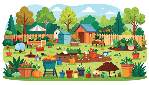 Colorful garden tools and potted plants.