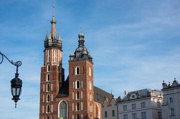 Obraz premium Towers of Saint Mary's Basilica (kościół Mariacki), lantern. Kraków, Poland.
