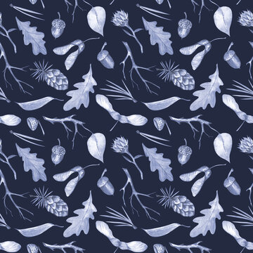 Botanical seamless pattern in blue colors. Watercolor hand-drawn toned oak leaves, flowers, pinecones, acorns, twigs, pine needles, and seed pods. Elegant autumn-winter design for fabric or paper
