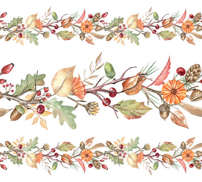 Autumn botanical seamless garlands collection; hand-painted watercolor leaves, berries, flowers, acorns, pinecones, and twigs isolated on transparent. For scrapbooking, decorative tape, fabric, cards