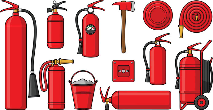 Firefighting safety equipment vector collection featuring red fire extinguishers with pressure gauges axe fire hose reel sand bucket alarm button and heavy duty mobile wheeled unit.
