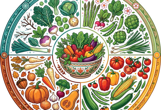 Seasonal Harvest Vegetables Wheel Chart with Fresh Salad Bowl Vector Illustration for Farming Food Education, Culinary Cooking, and Healthy Menu Designs