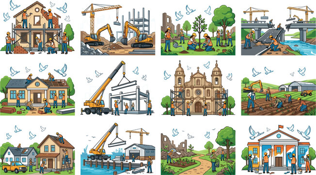 Post War City Reconstruction and Community Infrastructure Rebuilding Vector Illustration Set Featuring Workers Repairing Houses, Bridges, Historical Buildings, and Planting Trees