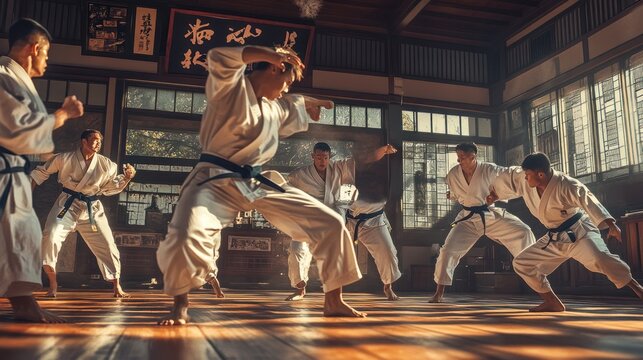 Group of martial artists performing synchronized karate forms in a historic dojo.