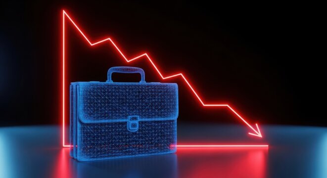 Neon briefcase icon with a red downward financial chart graph line illustration