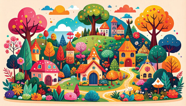 Colorful houses on green hill.
