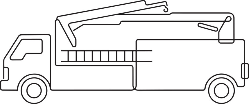 Continuous one line drawing back view of city service boom truck. Driver cabin, rear support bed. one line Icon drawing