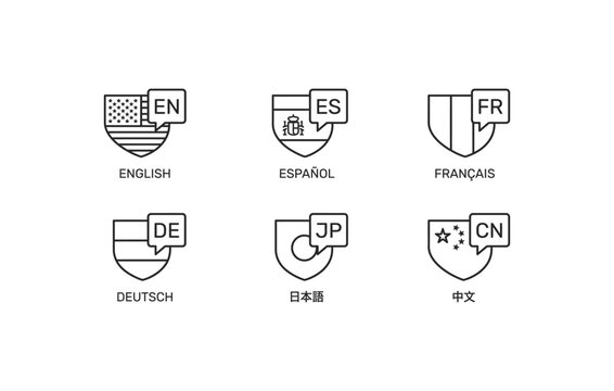 Multilingual language selection interface with english spanish french german japanese and chinese outline icons collection
