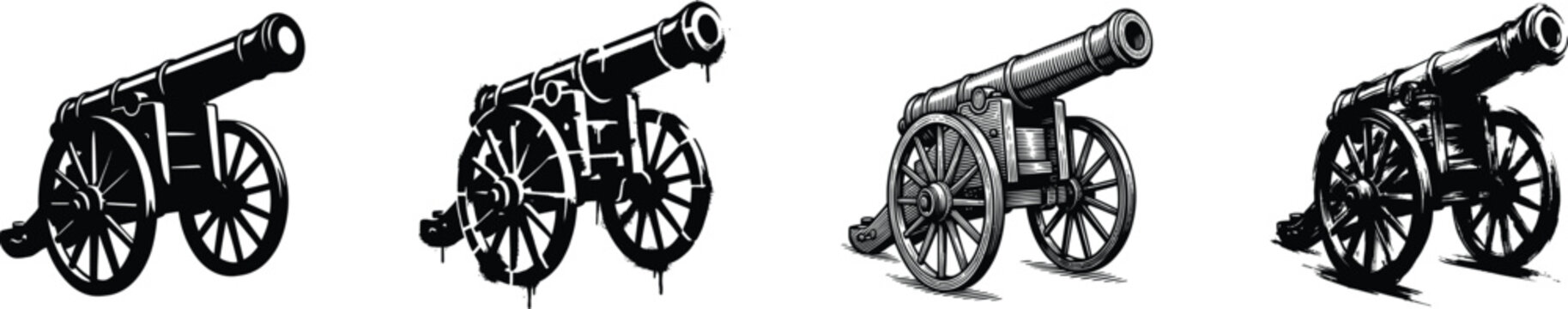 Four cannons displayed in different artistic styles on a plain background