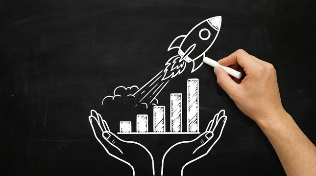 Hand drawing white rocket launching over bar chart on blackboard image