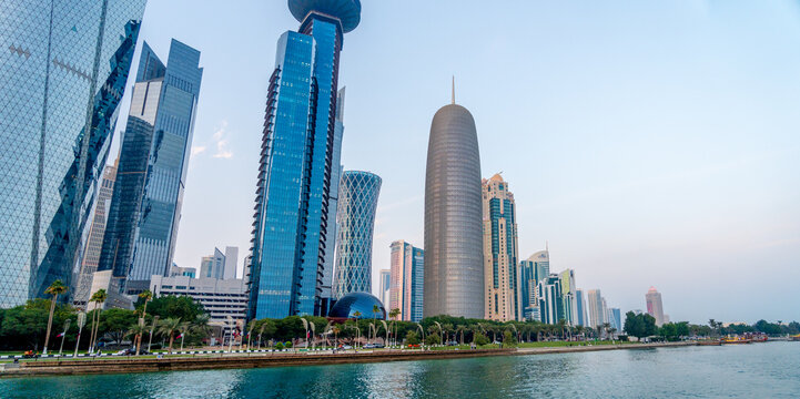 the doha citty skyline with the foreground of doha corniche