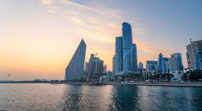 the doha citty skyline with the foreground of doha corniche