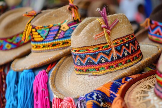 Woven andean hats with colorful patterns and designs are displayed for sale in the otavalo market, ecuador