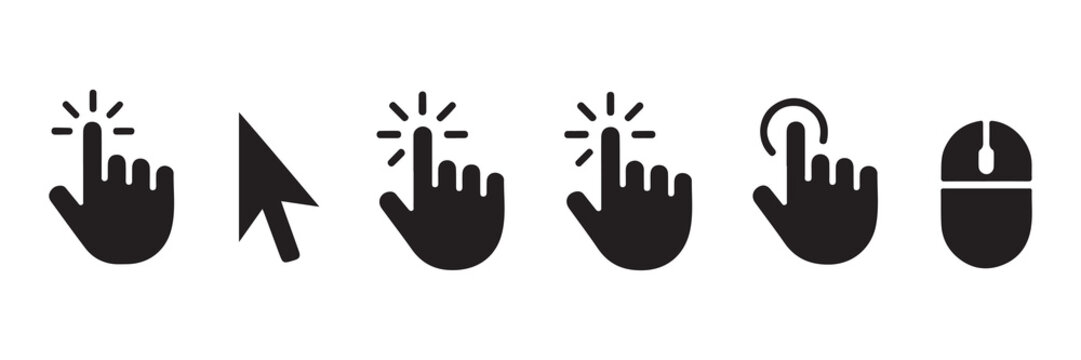 Hand cursor icon set, black silhouettes of clicking gestures and computer mouse, isolated vector art.