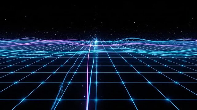 A digital landscape with glowing neon waves and grid lines