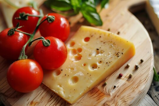 Maasdam cheese seasoned with peppercorns on a wooden cutting board with cherry tomatoes and basil leaves