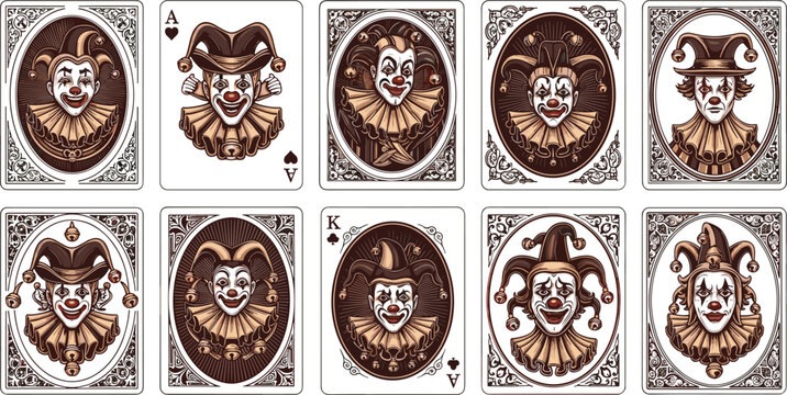 Vintage Ornate Playing Cards Set Featuring Creepy Jester Jokers and Clowns with Intricate Engraving Borders for Gothic Circus and Retro Game Designs