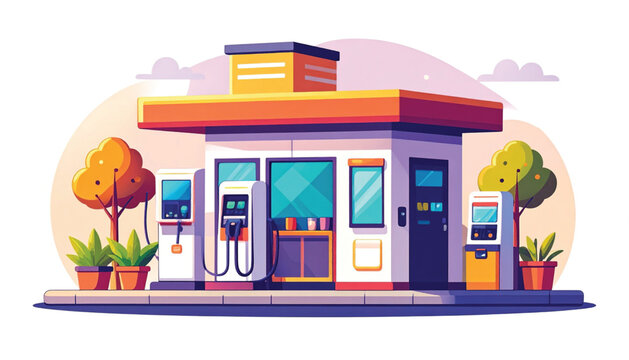 Colorful illustration of a gas station.