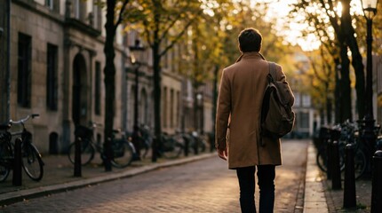 Obraz premium Man Walking Down City Street in Autumn