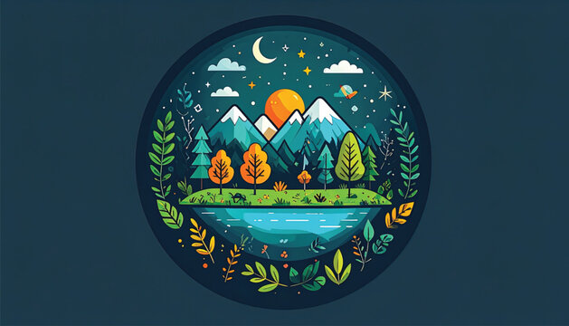 Colorful illustration of a mountain landscape.