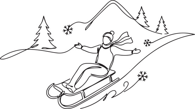 Sled, sleigh one line art. Continuous line drawing of sport, winter, snow, activity, board, mountains, hill, game, vacation. one line Icon drawing