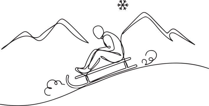 Sled, sleigh one line art. Continuous line drawing of sport, winter, snow, activity, board, mountains, hill, game, vacation. one line Icon drawing