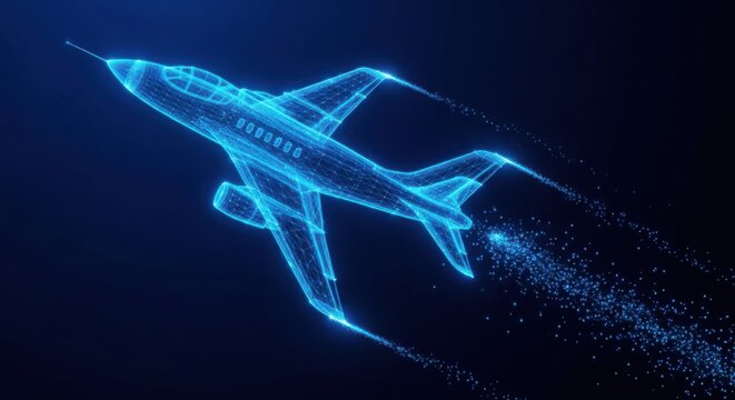 Blue digital wireframe jet airplane flying fast in dark space illustration