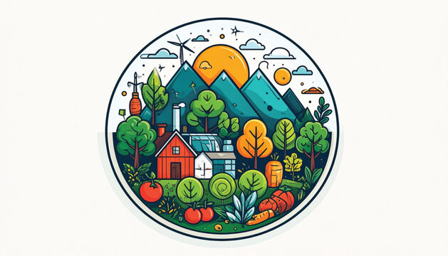 Colorful illustration of rural farm house.