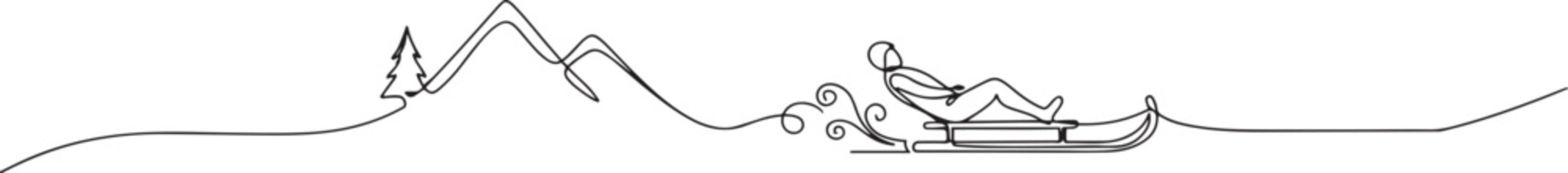 Sled, sleigh one line art. Continuous line drawing of sport, winter, snow, activity, board, mountains, hill, game, vacation. one line Icon drawing