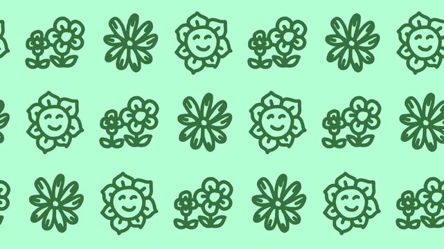 Seamless pattern of hand-drawn smiling sunflowers, blooming daisies, and floral pairs on a mint background animation for cute spring botany garden wallpaper and summer blossom line art backdrop.