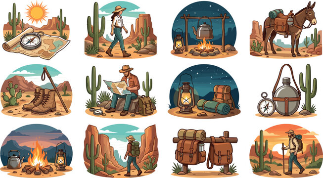 Desert Hiking and Wilderness Camping Sticker Set with Backpackers, Compass Map, Cactus Landscape, Campfire, Mule Pack, and Hiking Boots Vector Illustration Designs