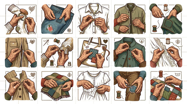 Handmade Clothing Repair and Sashiko Mending Process Vector Icon Set Showing Hands Stitching Clothes, Patching Jeans, and Sewing Fabrics for Upcycling Concepts