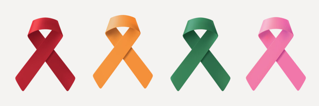 Vector image of red, orange, green, and pink awareness ribbons on white.