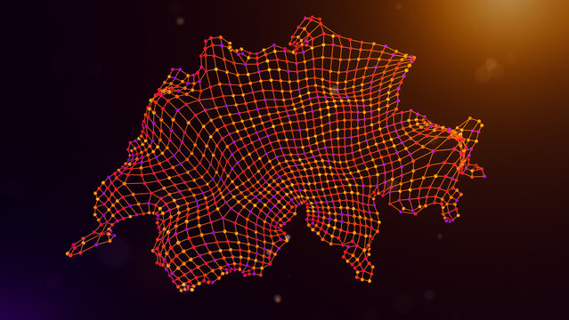 Abstract Switzerland map created from interconnected nodes and mesh lines with dynamic wave patterns, glowing purple orange bokeh lights, and advanced digital network aesthetics.