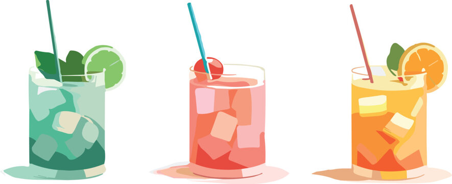 Summer Cocktail and Refreshing Mocktail Drink Vector Element Set with Mojito Citrus Orange Mint and Ice Cubes for Bar Menu Graphic Designs