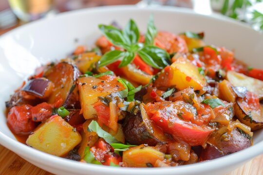 Savory vegetable stew simmering in rich tomato sauce, seasoned with herbs and spices, garnished with fresh basil
